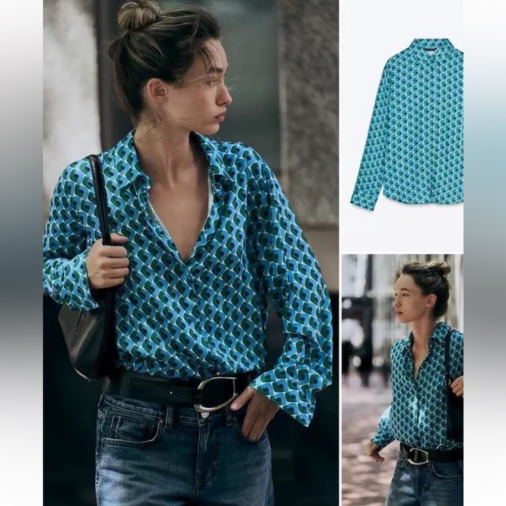 NWT Zara Blue Geometric Button Down Satin Shirt XS